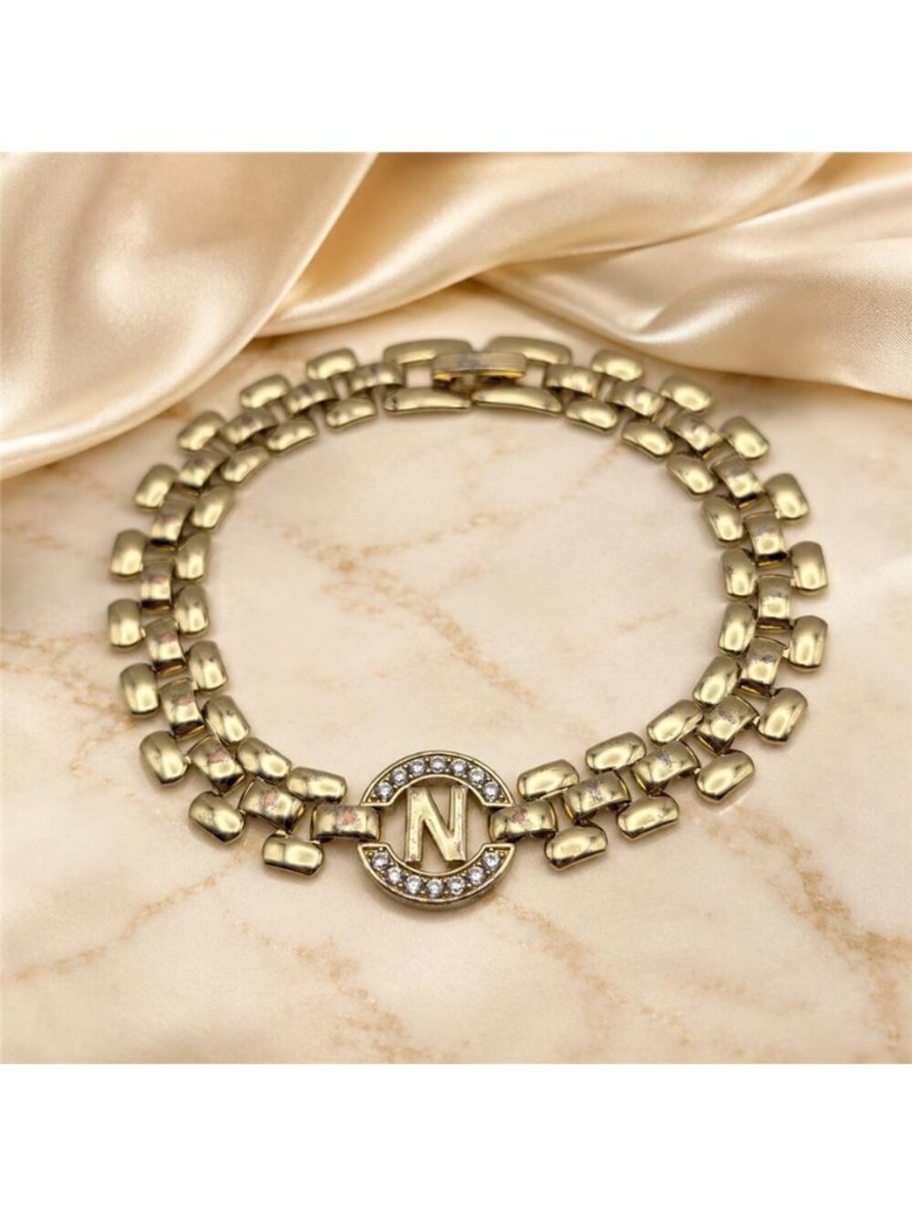 Gold Tone Crystal Initial N Geometric Brick Link Bracelet 7 Inch